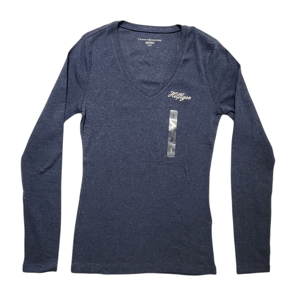 Tommy Hilfiger Women's T-shirt V-neck Long Sleeve Size Small Blue New - Picture 1 of 9